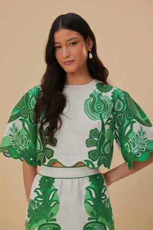 Farm Rio Green Color Festival Blouse