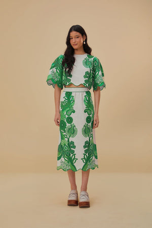 Farm Rio Green Color Festival Midi Skirt