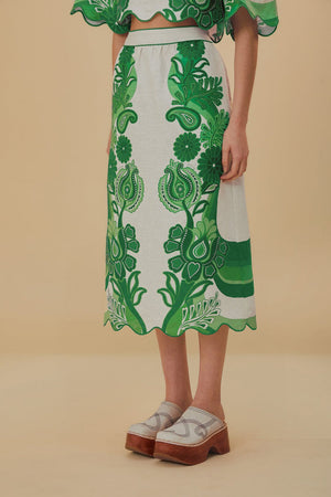 Farm Rio Green Color Festival Midi Skirt